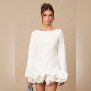 White Ruffle-Hem Long Sleeve Wedding Dress